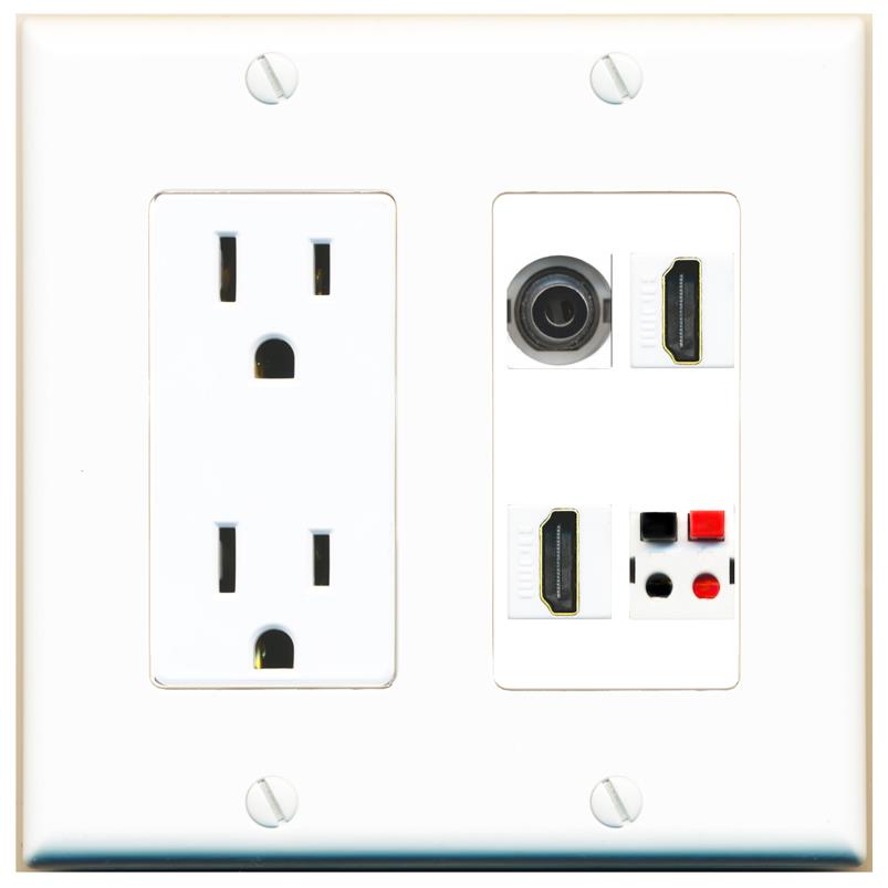 RiteAV 3.5mm 2 HDMI SPEAKER Wall Plate with 15A Power Outlet [White]