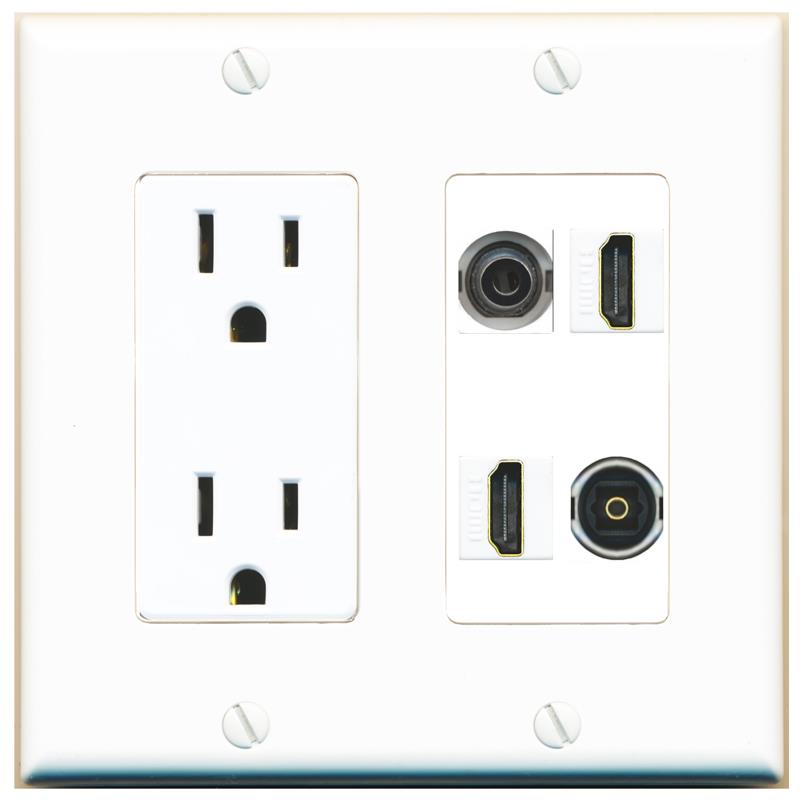 RiteAV 3.5mm 2 HDMI TOSLINK Wall Plate with 15A Power Outlet [White]