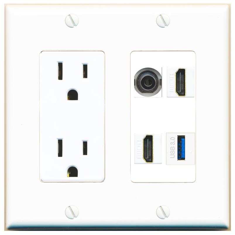 RiteAV 3.5mm 2 HDMI USB-3 Wall Plate with 15A Power Outlet [White]
