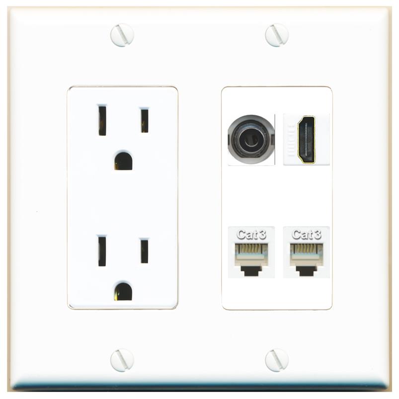 RiteAV 3.5mm HDMI 2 PHONE Wall Plate with 15A Power Outlet [White]