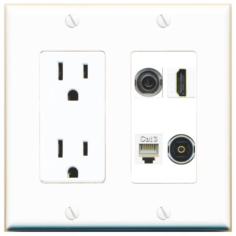 RiteAV 3.5mm HDMI PHONE TOSLINK Wall Plate with 15A Power Outlet [White]