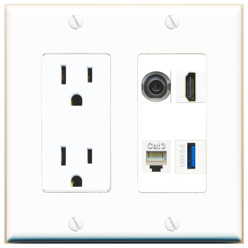 RiteAV 3.5mm HDMI PHONE USB-3 Wall Plate with 15A Power Outlet [White]