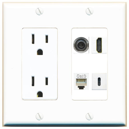 RiteAV 3.5mm HDMI PHONE USBC Wall Plate with 15A Power Outlet [White]