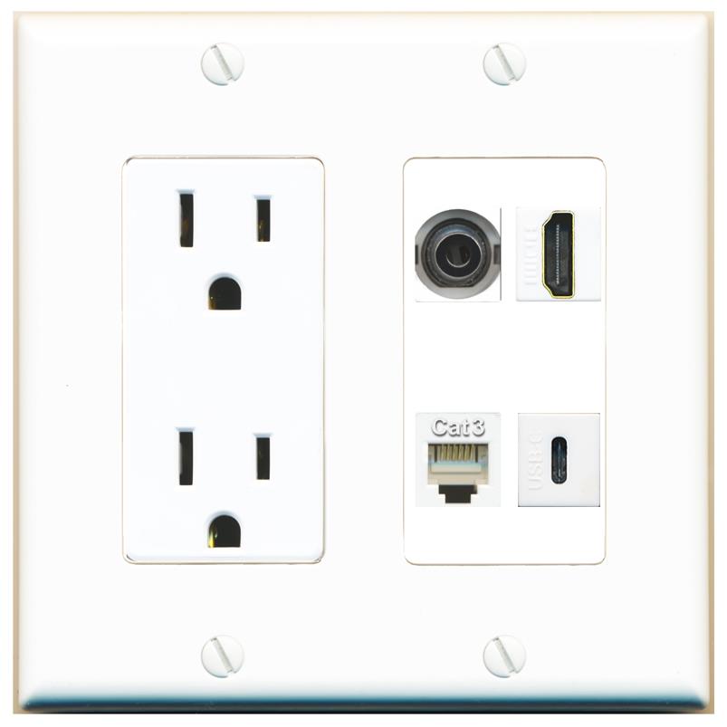 RiteAV 3.5mm HDMI PHONE USBC Wall Plate with 15A Power Outlet [White]