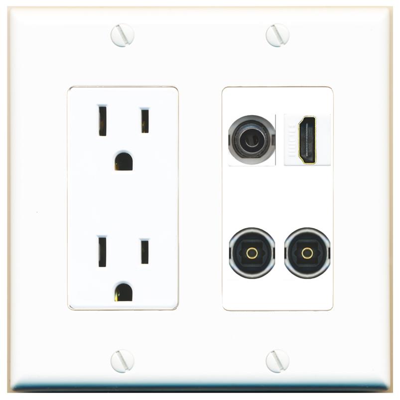RiteAV 3.5mm HDMI 2 TOSLINK Wall Plate with 15A Power Outlet [White]