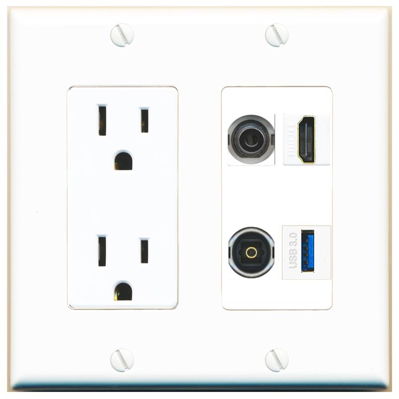 RiteAV 3.5mm HDMI TOSLINK USB-3 Wall Plate with 15A Power Outlet [White]