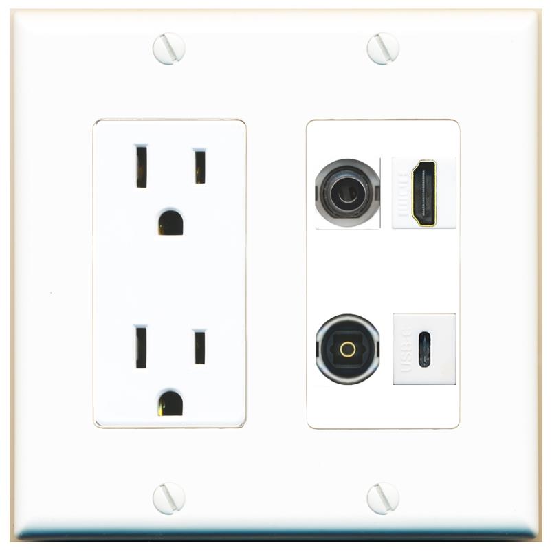 RiteAV 3.5mm HDMI TOSLINK USBC Wall Plate with 15A Power Outlet [White]