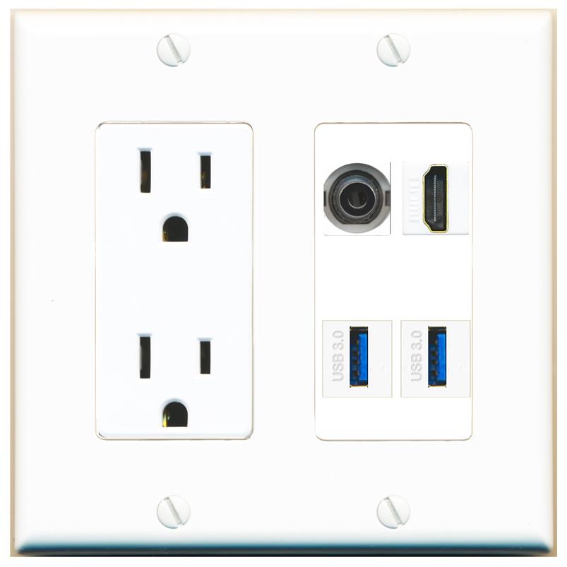 RiteAV 3.5mm HDMI 2 USB-3 Wall Plate with 15A Power Outlet [White]