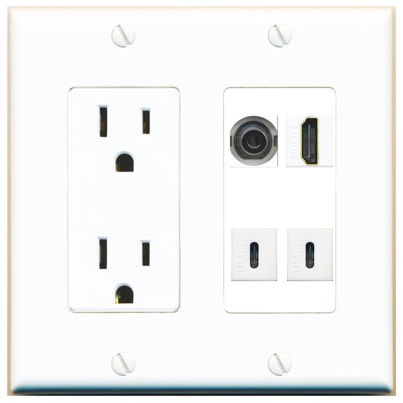 RiteAV 3.5mm HDMI 2 USBC Wall Plate with 15A Power Outlet [White]