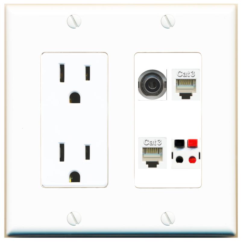 RiteAV 3.5mm 2 PHONE SPEAKER Wall Plate with 15A Power Outlet [White]