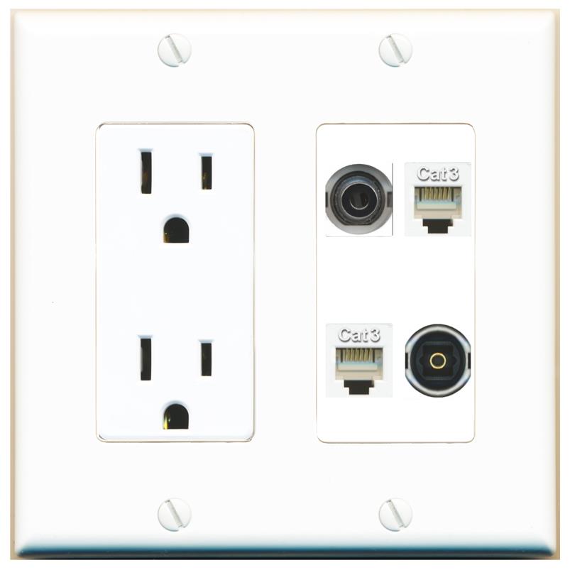 RiteAV 3.5mm 2 PHONE TOSLINK Wall Plate with 15A Power Outlet [White]