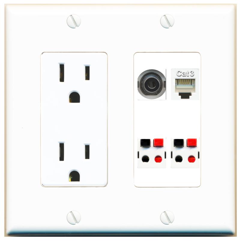 RiteAV 3.5mm PHONE 2 SPEAKER Wall Plate with 15A Power Outlet [White]
