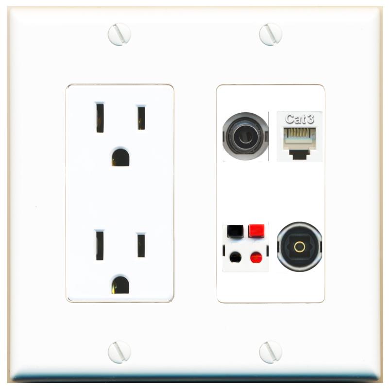 RiteAV 3.5mm PHONE SPEAKER TOSLINK Wall Plate with 15A Power Outlet [White]