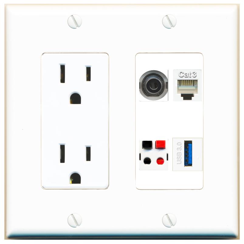 RiteAV 3.5mm PHONE SPEAKER USB-3 Wall Plate with 15A Power Outlet [White]