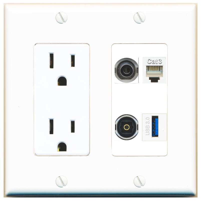 RiteAV 3.5mm PHONE TOSLINK USB-3 Wall Plate with 15A Power Outlet [White]
