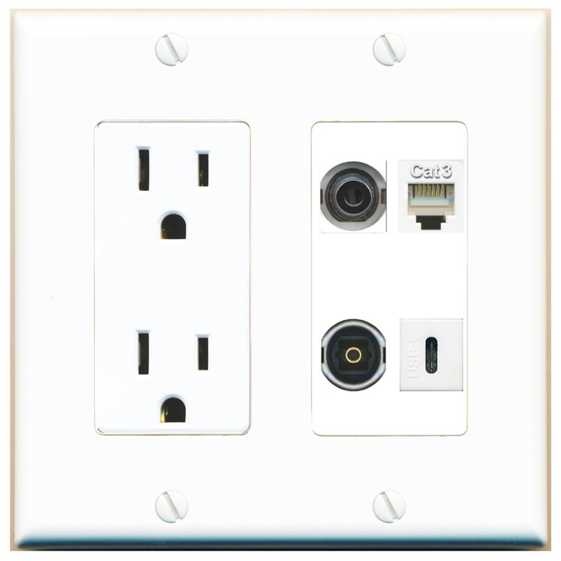 RiteAV 3.5mm PHONE TOSLINK USBC Wall Plate with 15A Power Outlet [White]