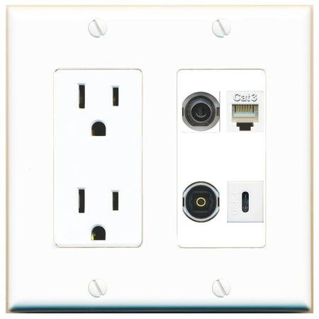 RiteAV 3.5mm PHONE TOSLINK USBC Wall Plate with 15A Power Outlet [White]