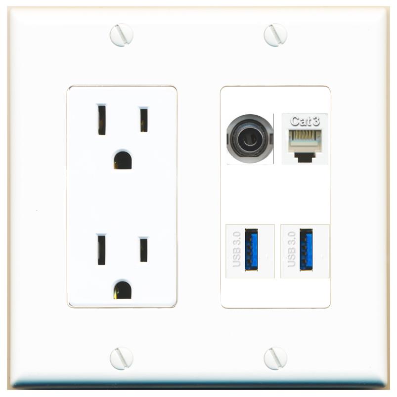 RiteAV 3.5mm PHONE 2 USB-3 Wall Plate with 15A Power Outlet [White]
