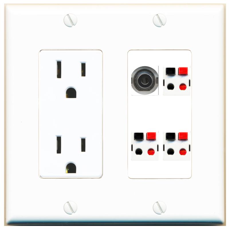 RiteAV 3.5mm 3 SPEAKER Wall Plate with 15A Power Outlet [White]