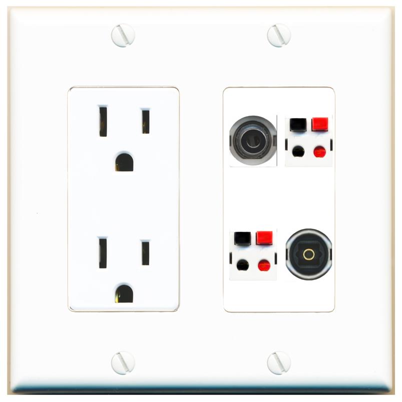 RiteAV 3.5mm 2 SPEAKER TOSLINK Wall Plate with 15A Power Outlet [White]