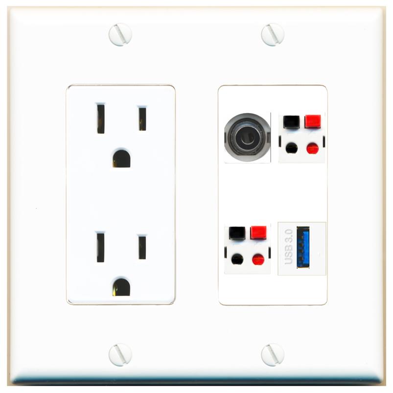 RiteAV 3.5mm 2 SPEAKER USB-3 Wall Plate with 15A Power Outlet [White]