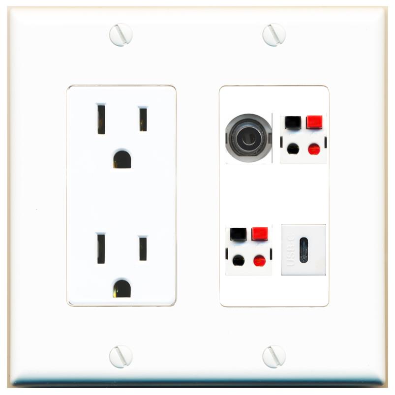 RiteAV 3.5mm 2 SPEAKER USBC Wall Plate with 15A Power Outlet [White]