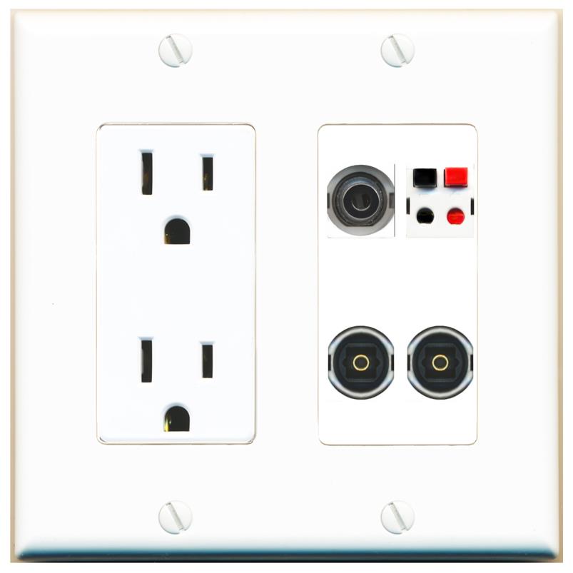 RiteAV 3.5mm SPEAKER 2 TOSLINK Wall Plate with 15A Power Outlet [White]