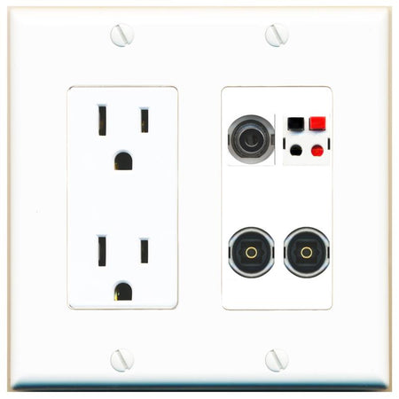 RiteAV 3.5mm SPEAKER 2 TOSLINK Wall Plate with 15A Power Outlet [White]