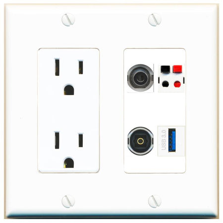 RiteAV 3.5mm SPEAKER TOSLINK USB-3 Wall Plate with 15A Power Outlet [White]