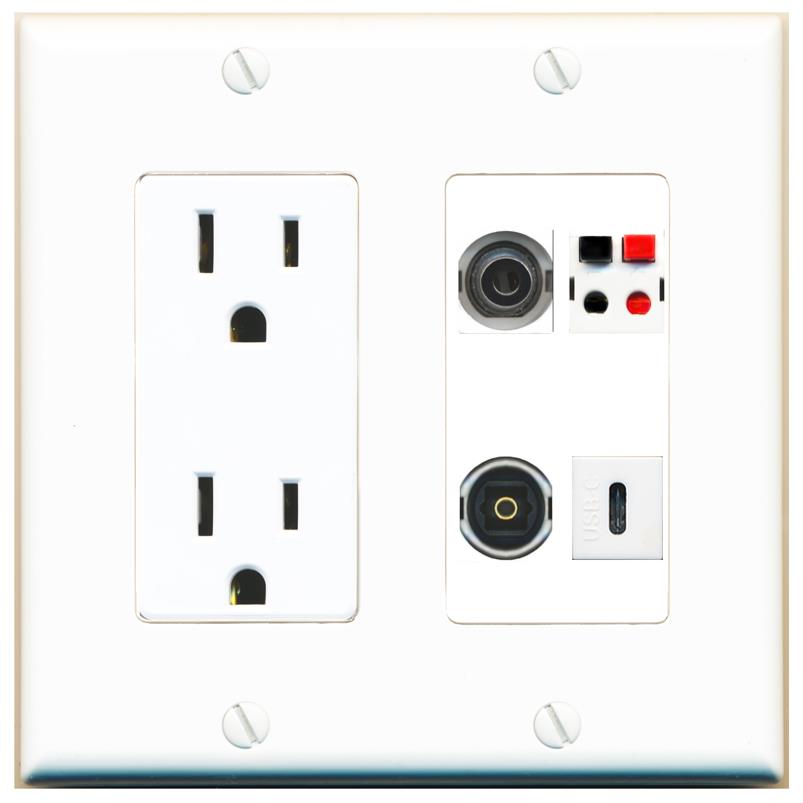 RiteAV 3.5mm SPEAKER TOSLINK USBC Wall Plate with 15A Power Outlet [White]