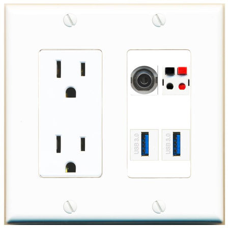 RiteAV 3.5mm SPEAKER 2 USB-3 Wall Plate with 15A Power Outlet [White]