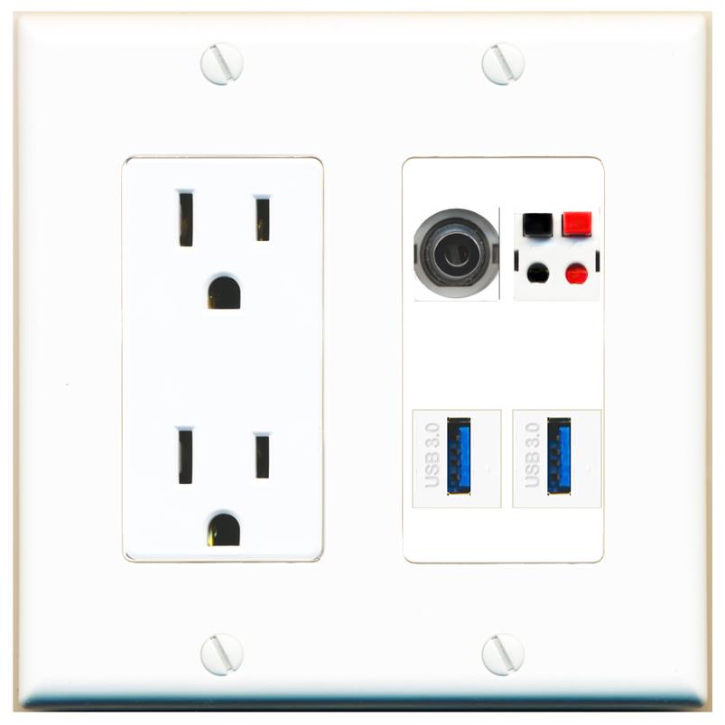 RiteAV 3.5mm SPEAKER 2 USB-3 Wall Plate with 15A Power Outlet [White]