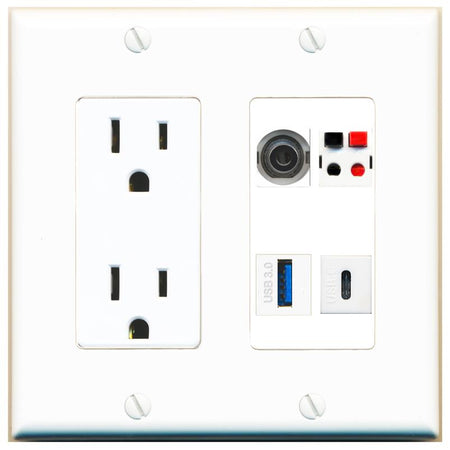RiteAV 3.5mm SPEAKER USB-3 USBC Wall Plate with 15A Power Outlet [White]