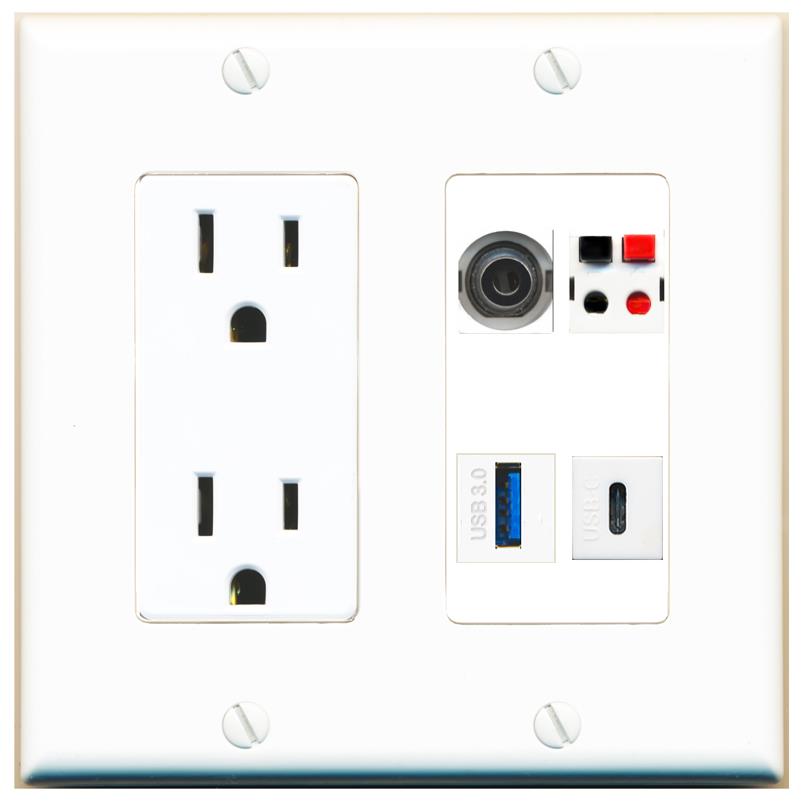 RiteAV 3.5mm SPEAKER USB-3 USBC Wall Plate with 15A Power Outlet [White]