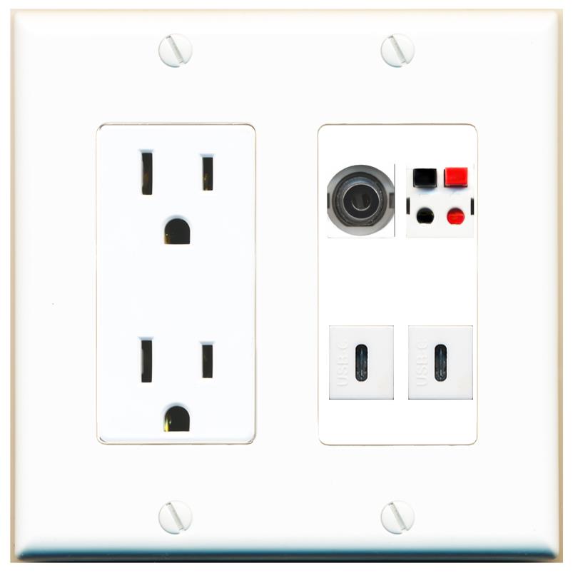 RiteAV 3.5mm SPEAKER 2 USBC Wall Plate with 15A Power Outlet [White]