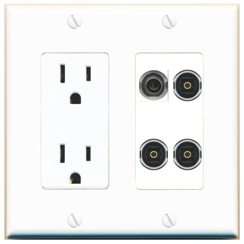 RiteAV 3.5mm 3 TOSLINK Wall Plate with 15A Power Outlet [White]