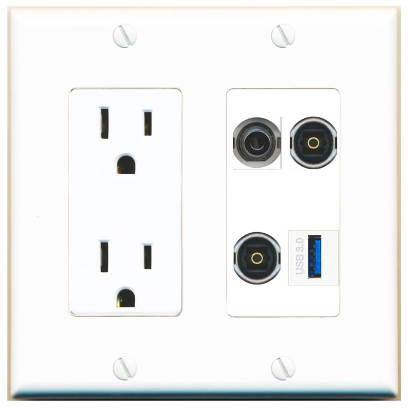 RiteAV 3.5mm 2 TOSLINK USB-3 Wall Plate with 15A Power Outlet [White]