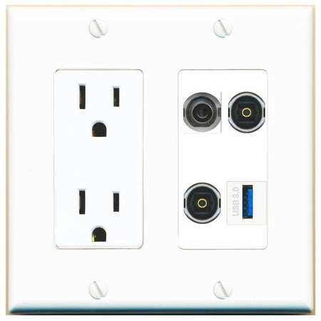 RiteAV 3.5mm 2 TOSLINK USB-3 Wall Plate with 15A Power Outlet [White]