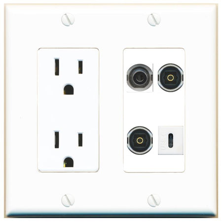 RiteAV 3.5mm 2 TOSLINK USBC Wall Plate with 15A Power Outlet [White]