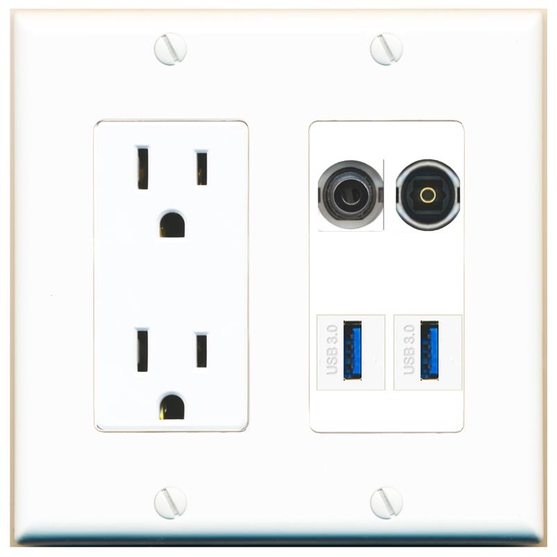 RiteAV 3.5mm TOSLINK 2 USB-3 Wall Plate with 15A Power Outlet [White]