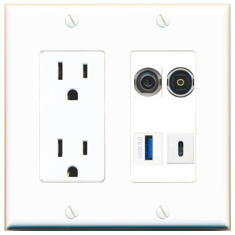 RiteAV 3.5mm TOSLINK USB-3 USBC Wall Plate with 15A Power Outlet [White]