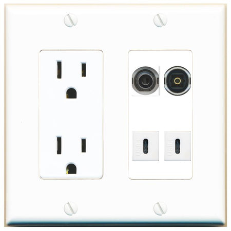 RiteAV 3.5mm TOSLINK 2 USBC Wall Plate with 15A Power Outlet [White]
