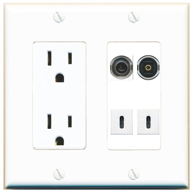 RiteAV 3.5mm TOSLINK 2 USBC Wall Plate with 15A Power Outlet [White]