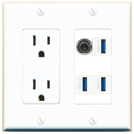 RiteAV 3.5mm 3 USB-3 Wall Plate with 15A Power Outlet [White]