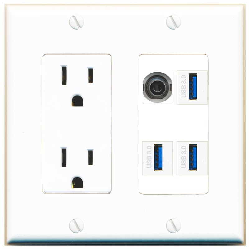 RiteAV 3.5mm 3 USB-3 Wall Plate with 15A Power Outlet [White]
