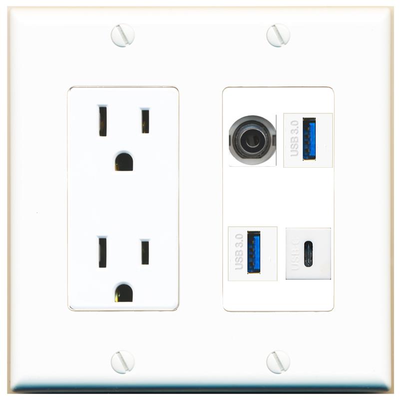 RiteAV 3.5mm 2 USB-3 USBC Wall Plate with 15A Power Outlet [White]