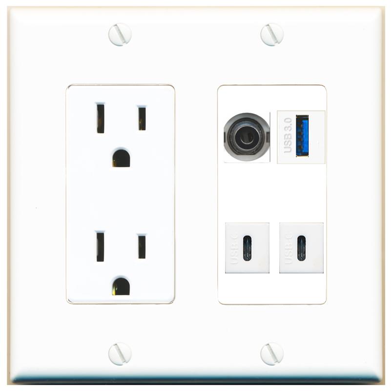 RiteAV 3.5mm USB-3 2 USBC Wall Plate with 15A Power Outlet [White]