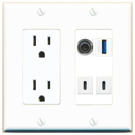 RiteAV 3.5mm USB-3 2 USBC Wall Plate with 15A Power Outlet [White]
