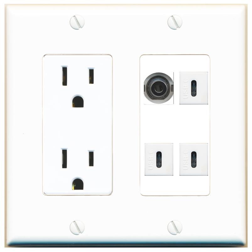 RiteAV 3.5mm 3 USBC Wall Plate with 15A Power Outlet [White]