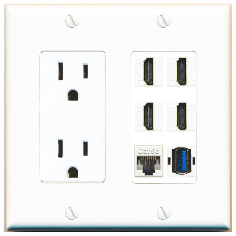 RiteAV Outlet and 4 HDMI Cat5e Ethernet USB 3 Wall Plate - White